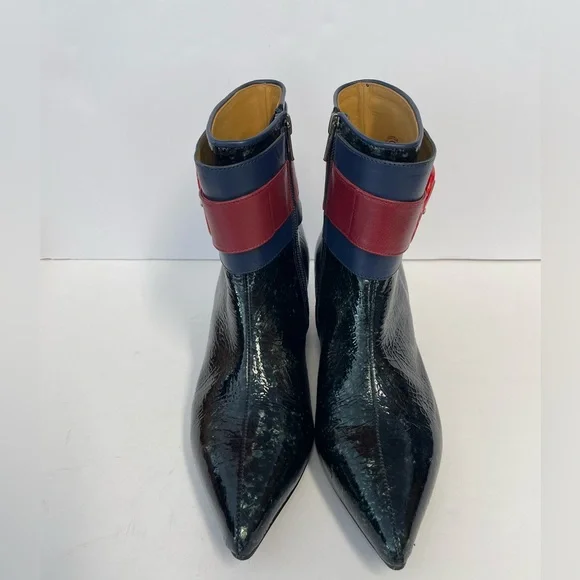 John Fluevog effortless Miranda Ankle Boots patent leather black heel sapphire 7